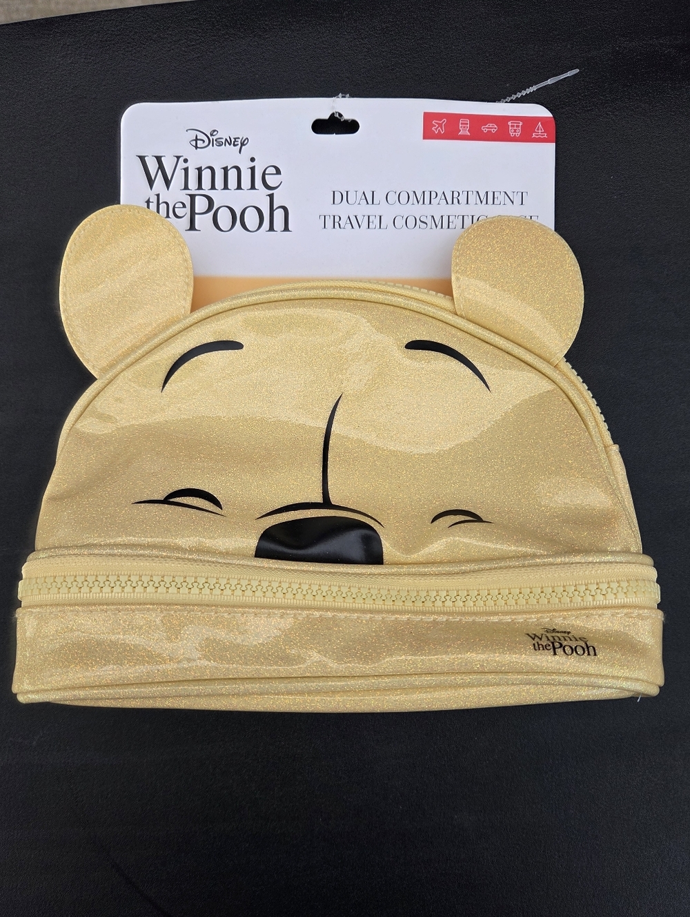 Disney Winnie the Pooh Gold Glitter Dual-Compartment Travel Cosmetic Bag